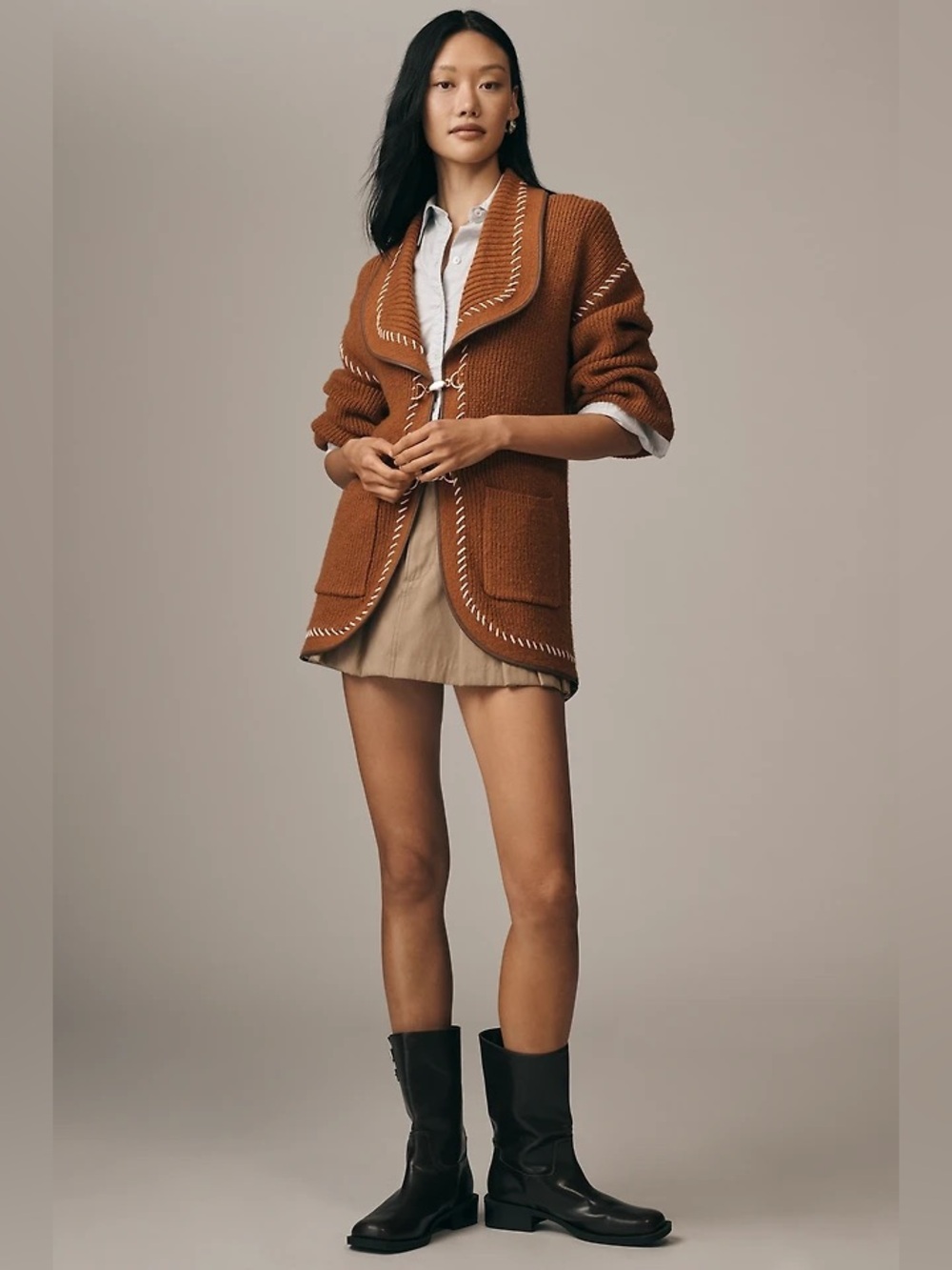 Anthropologie Maeve Faux Leather Trim Whipstitch Cardigan Sweater in Cedar